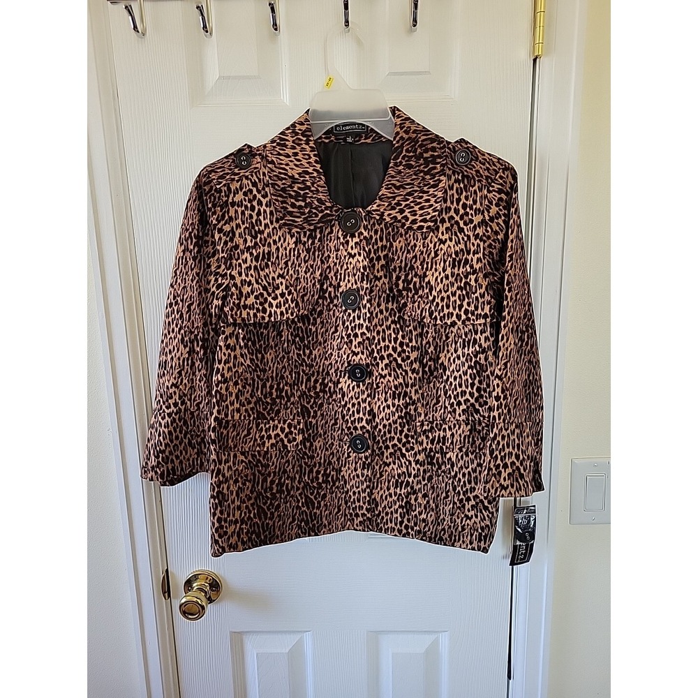 Elementz Jacket Size L Leopard Print Button Up Lined 3/4 Sleeve Cotton